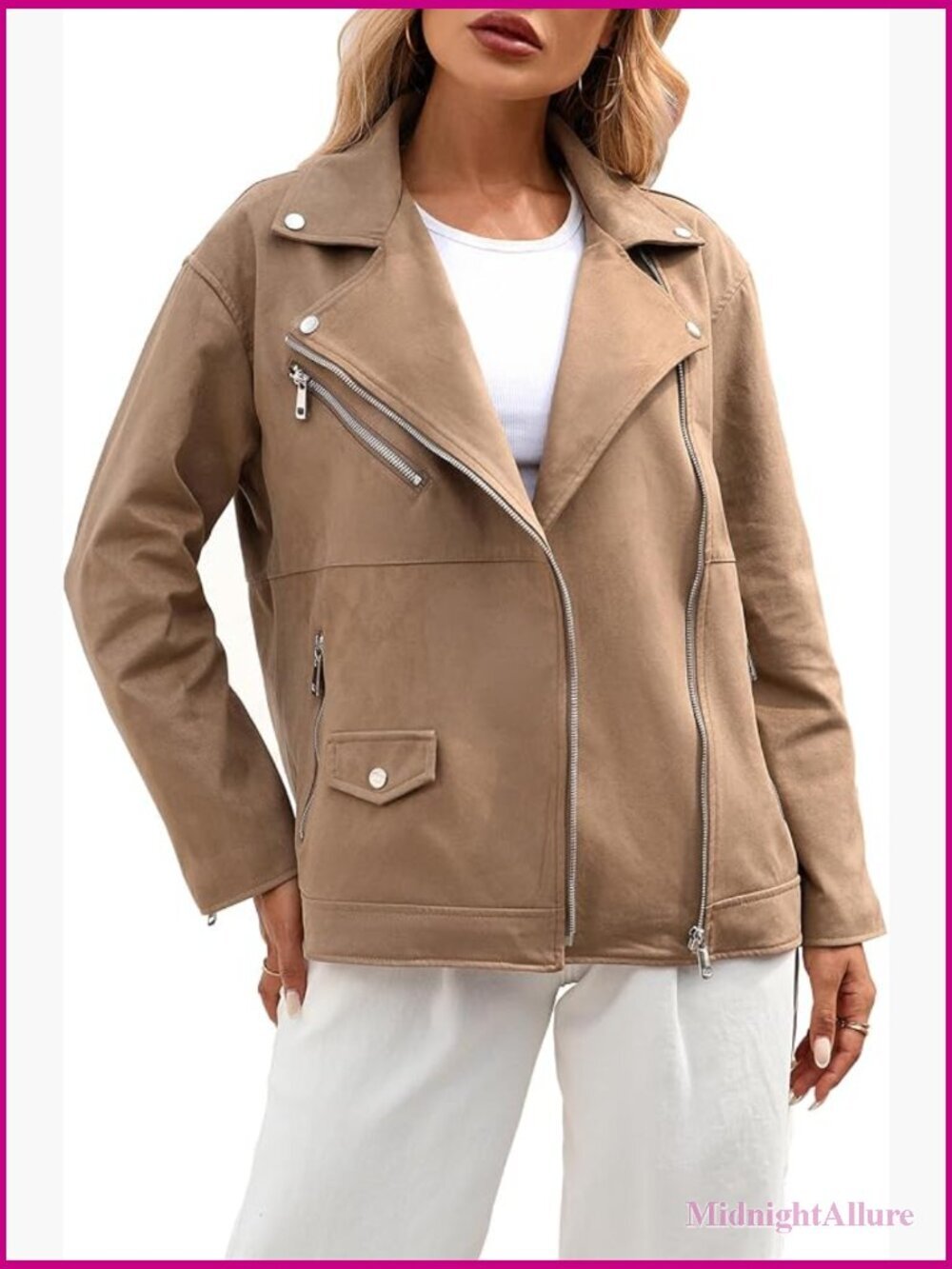 Faux Suede Moto Jacket Long Sleeve Zip Front Loose Fit Casual